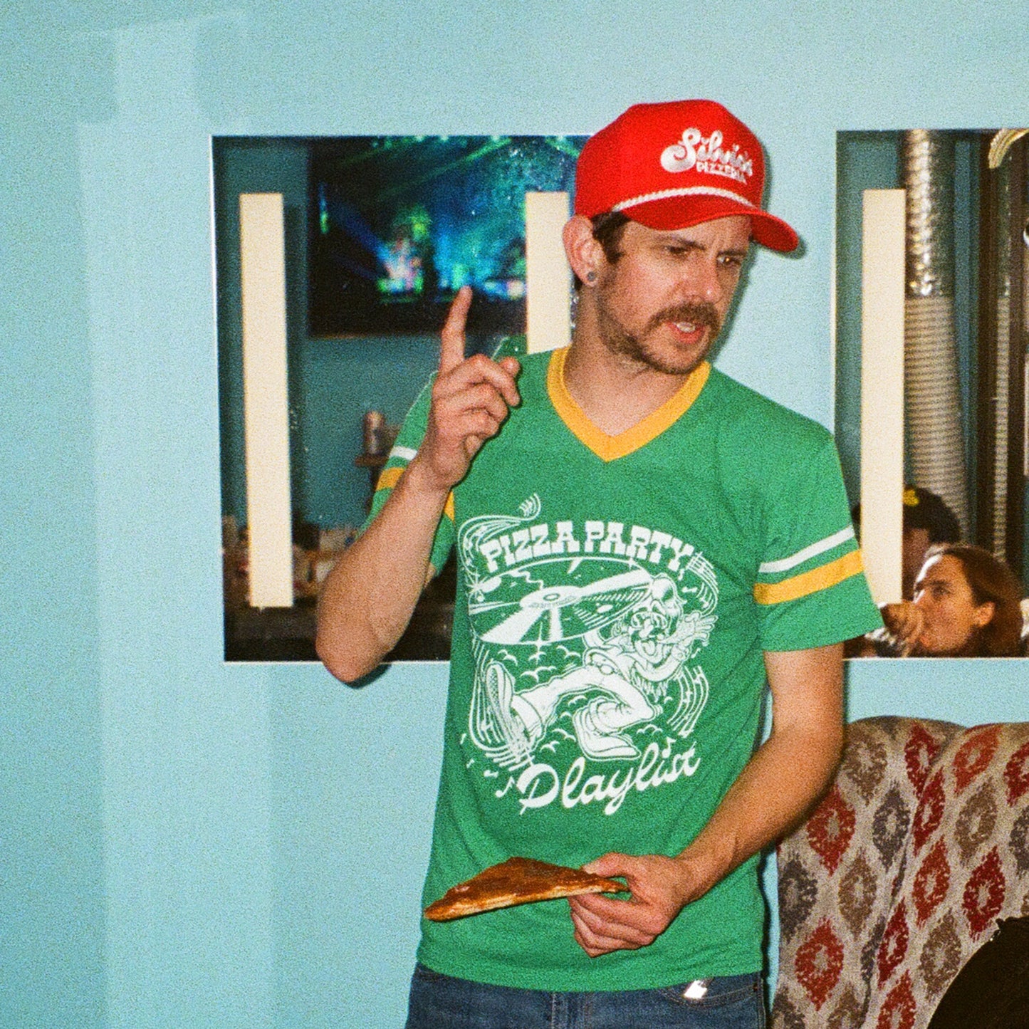 Pizza Party Playlist Striped V-Neck Jersey - Green