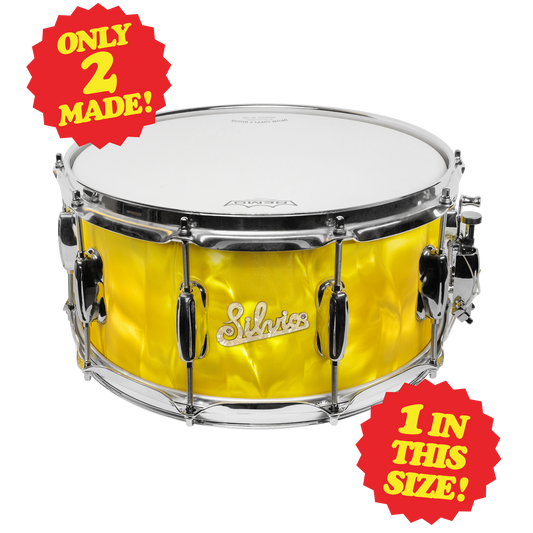 SILVIO'S PIZZERIA CUSTOM 14x6.5-INCH SNARE DRUM - YELLOW SATIN FLAME!