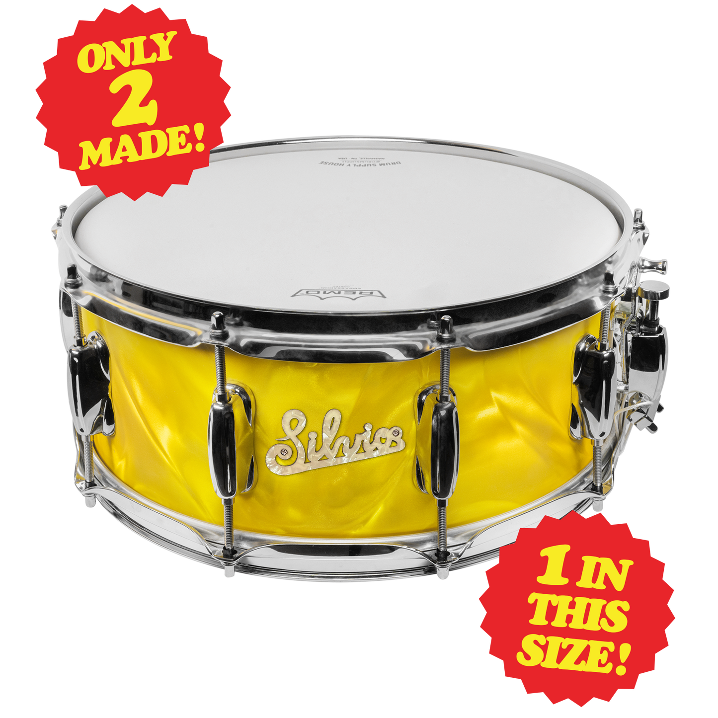 SILVIO'S PIZZERIA CUSTOM 14x6-INCH SNARE DRUM - YELLOW SATIN FLAME!