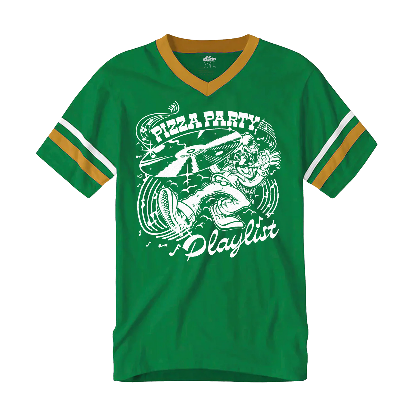 PIZZA PARTY PLAYLIST STRIPED V-NECK JERSEY - GREEN